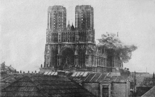 A German shell explodes on Reims Cathedral